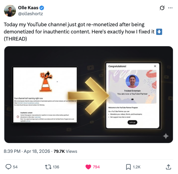 Tweet by Olle Kaas: 'Today my YouTube channel just got re-monetized after being demonetized for inauthentic content. Here's exactly how I fixed it (THREAD)'
